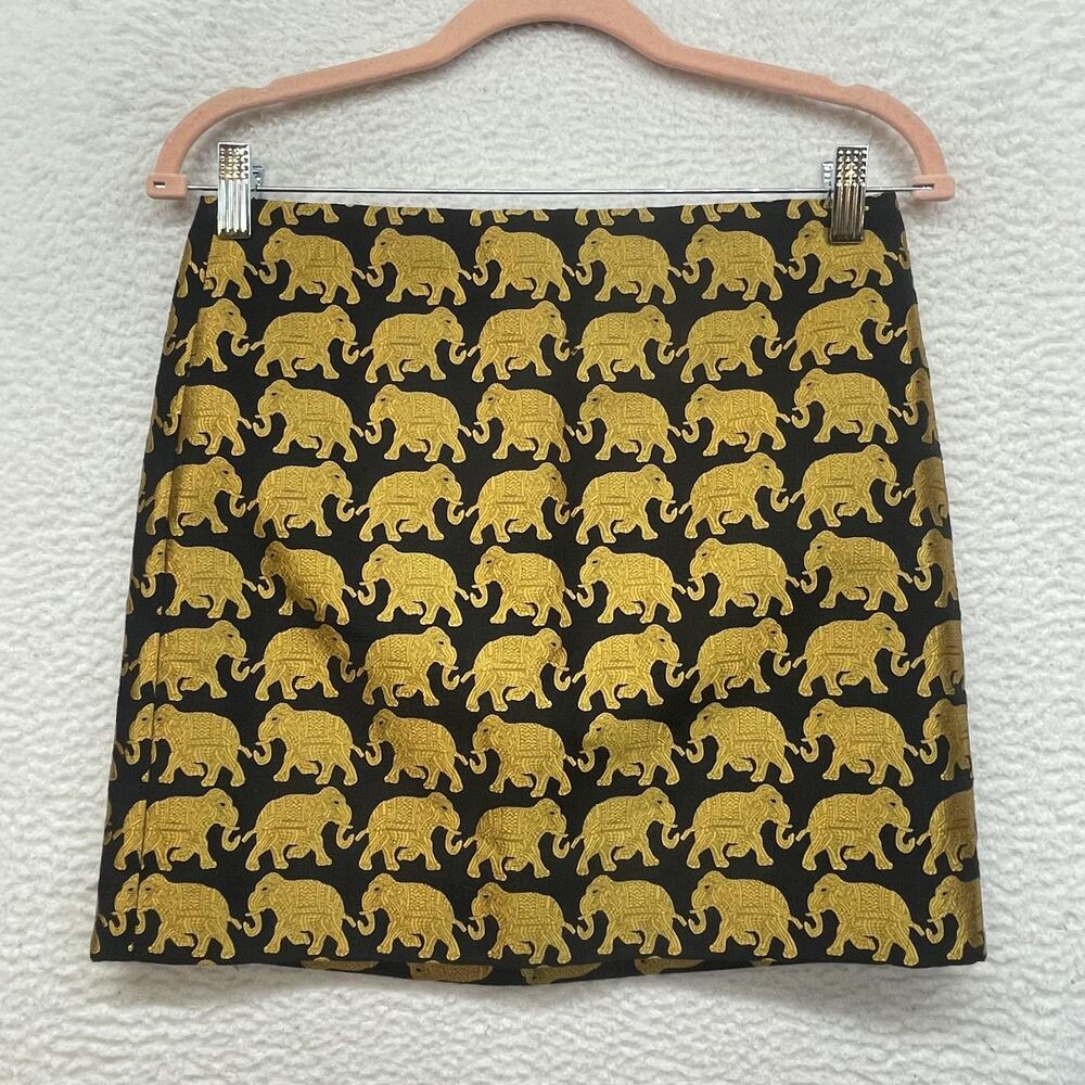 J Crew Skirt Womens 00 Black Gold Elephant Jacquard Brocade Mini Lined E3693 - Picture 1 of 10